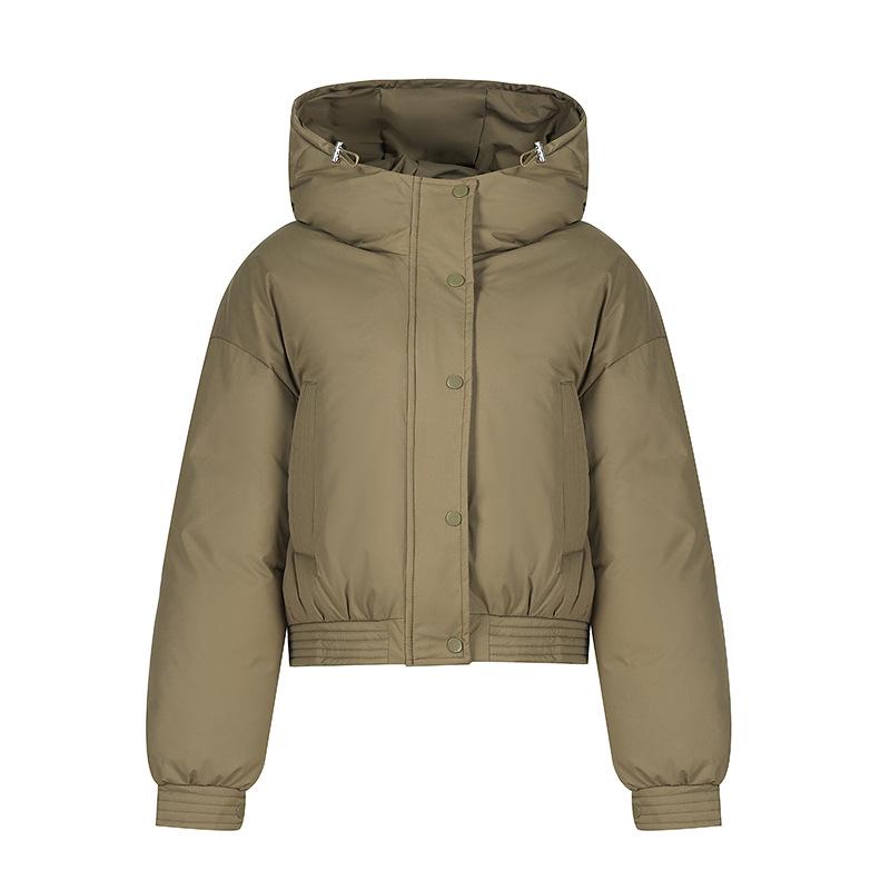 Women's Autumn and Winter Solid Color Padded Thickened Short Standing Collar Zipper Hooded Warm High Waisted Loose Bread Clothes Outerwear