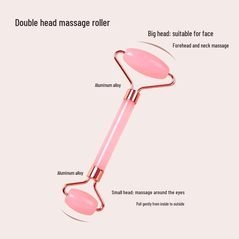 Rose Quartz Facial Roller & Heart-Shaped Gua Sha Set - Double-Headed Eye Massager and Lifting Tool.