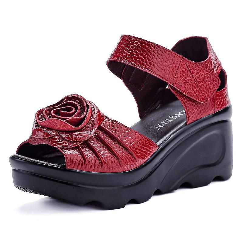 All Cowhide Summer New Retro Platform Wedge Heel Leather Handmade Sandals Women's Genuine Leather Mother Shoes