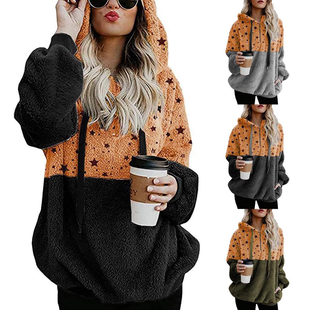 Women Plus Size Hooded Sweatshirt Star Winter Warm Zipper Pockets Coat Outwear