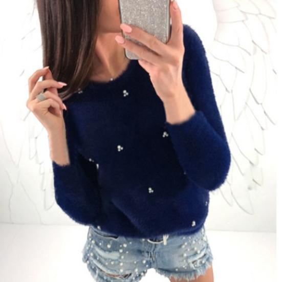 Sweater Jumper Long Sleeve Resistant Autumn Thickened Cold Winter Plush Faux Pearls Decor Sweater Jumper Streetwear