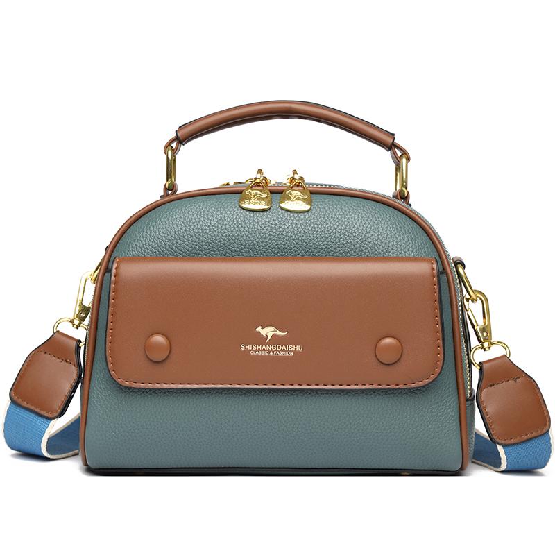 Women's PU leather top handle crossbody bag with multiple pockets, stylish contrasting color matching, and simple shoulder bag