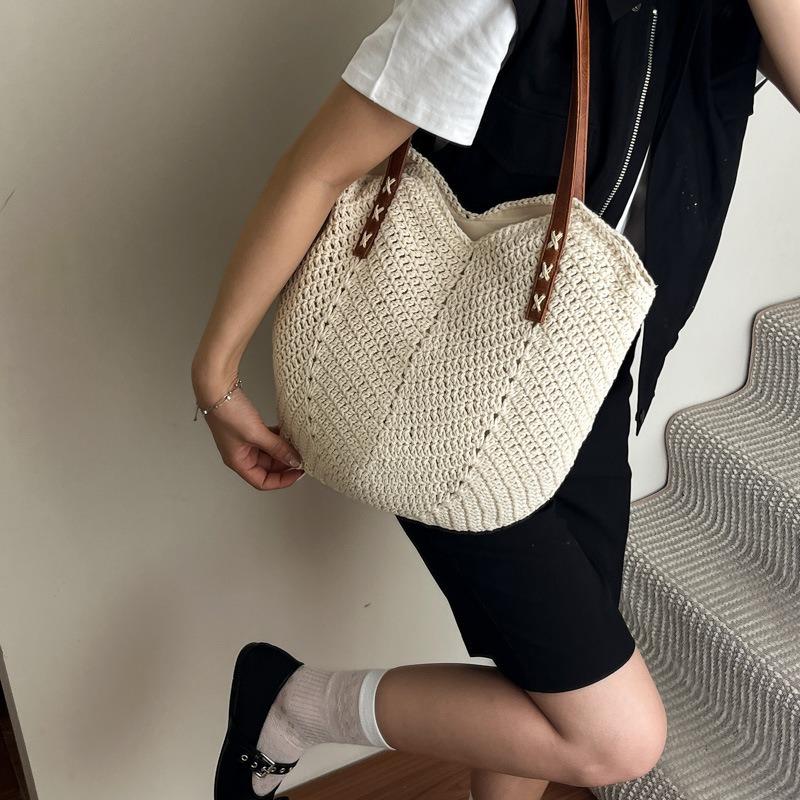 Summer New Cotton Thread Woven Bag Casual Straw Woven Holiday Wind Beach Bag Versatile Shoulder Bucket Bag