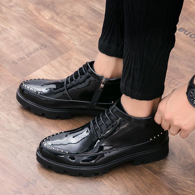 Autumn men's rivet trend small leather shoes casual shoes short boots high top shoes patent leather nightclub Martin boots