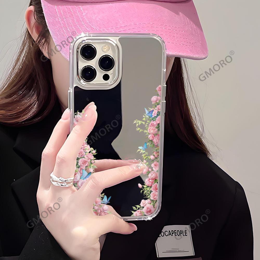 Fresh Pink Rose Apple 16promax Makeup Mirror Mobile Phone Case iPhone17 Makeup Mirror Girls Premium