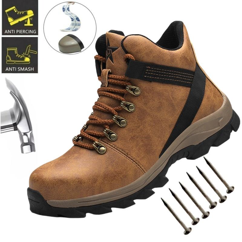 Waterproof Borwn Color Safety Shoes Men Steel Toe Work Boots Unisex Hiking Trail Anti-smash Non Slip Botas Platform Boots Hombre