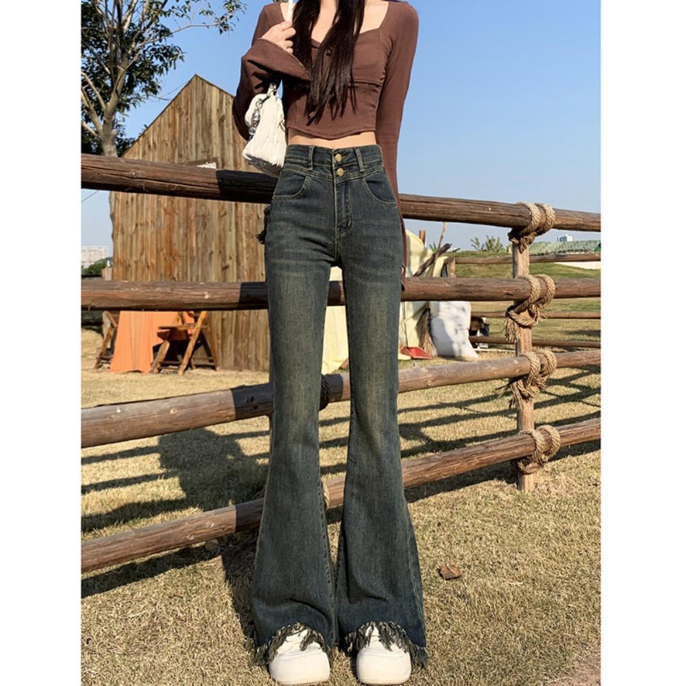 Slight jeans women's autumn and winter new rough-edged horseshoe pants versatile high-waisted thin fringed flared pants tide