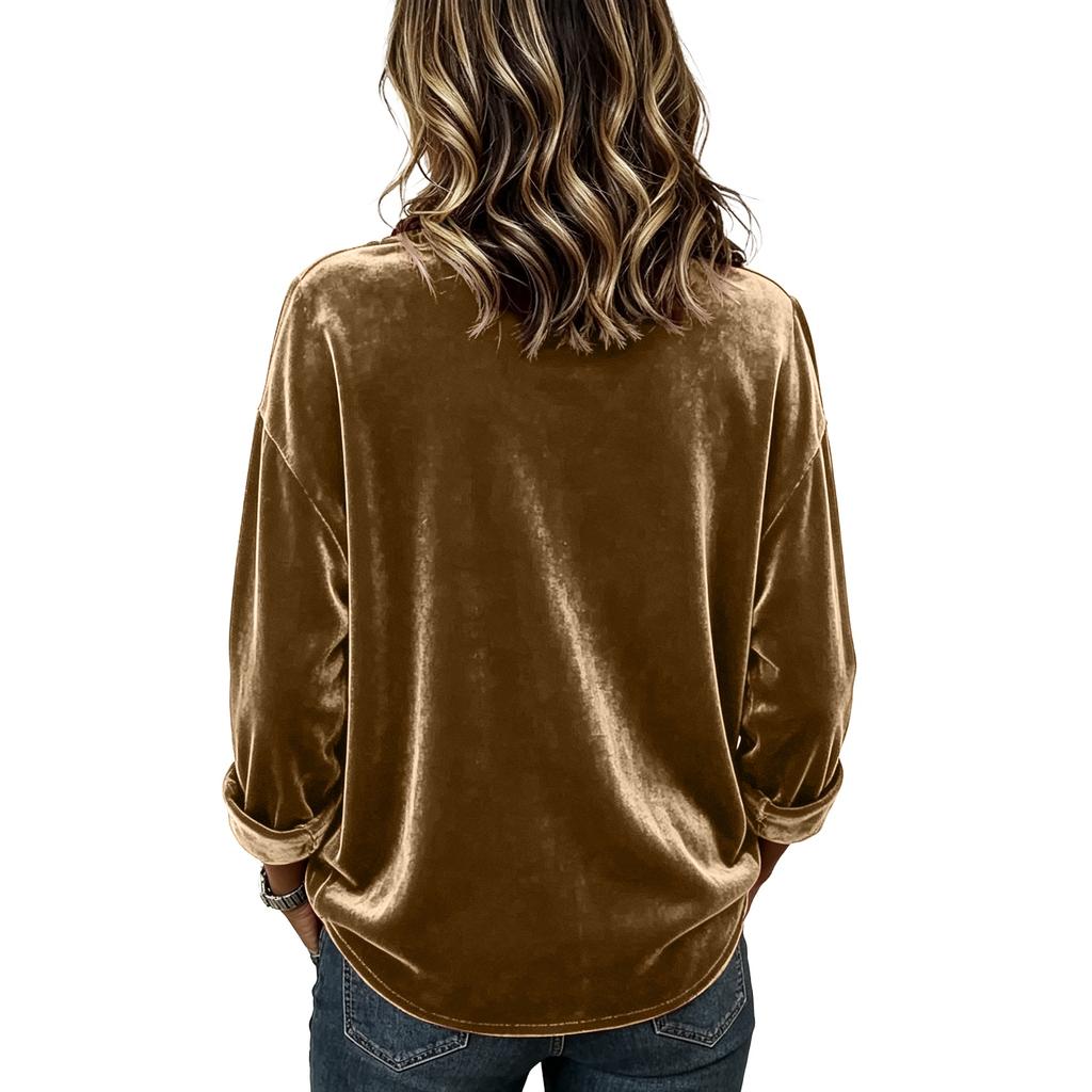 Women's Velvet Long Sleeve Color Top with Ruffle Trim Blouse for Casual Everyday Wear