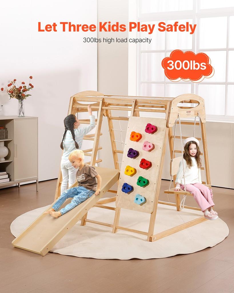 Indoor Jungle Gym, 7-in-1 Toddler Indoor Playground, 120 x 147 x 142 cm, with Wood and Rope Ladder, Net Ladder, Swing, Monkey Bar, Slide, Climbing