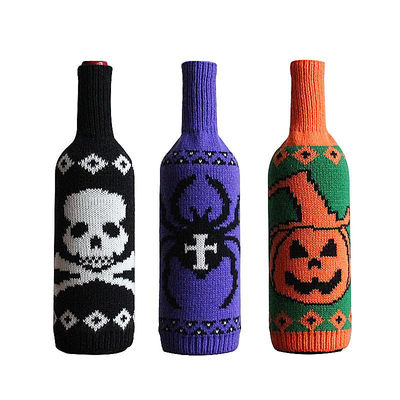 Halloween Bottle Set, Skull, Pumpkin, Knit, Champagne, Red Wine Bottle Bag, Table Decorations