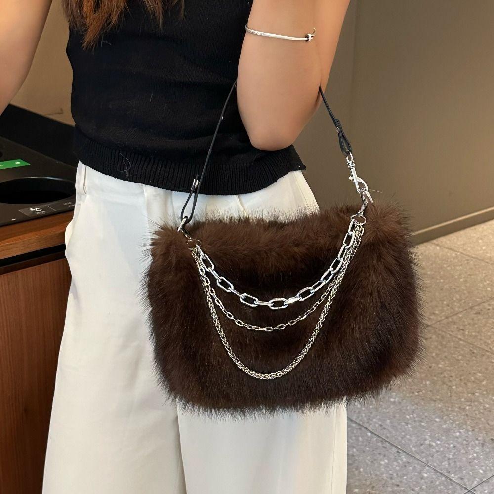 Y2k Fluffy Hobo Bags Portable Armpit Bag Portable PU Handbag Daily