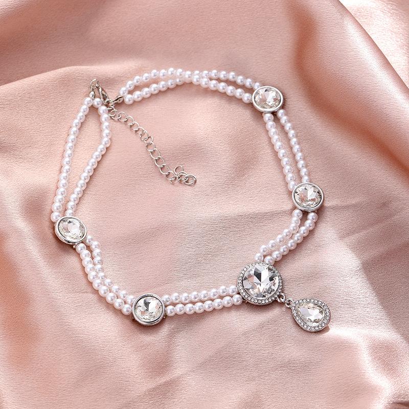 Жемчужное ретро бриллиантовое ожерелье Французский темперамент Высококлассный нишевый дизайн Двухслойная плетеная бисерная цепочка для ключицы