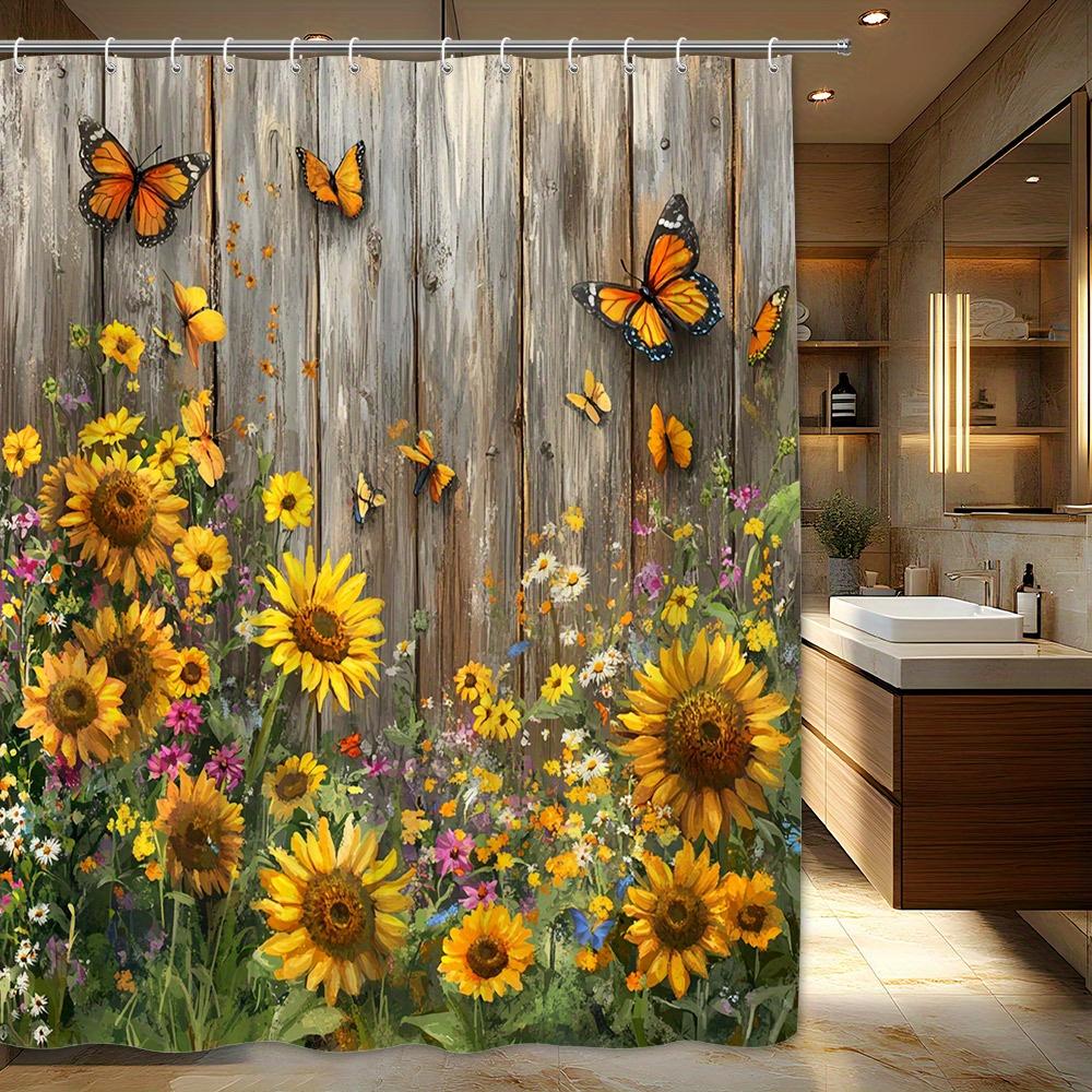 1pc Rustic Wooden Fence Shower Curtain - Whimsical Garden Scene with Vibrant Sunflowers & Monarch Butterflies 90X180CM