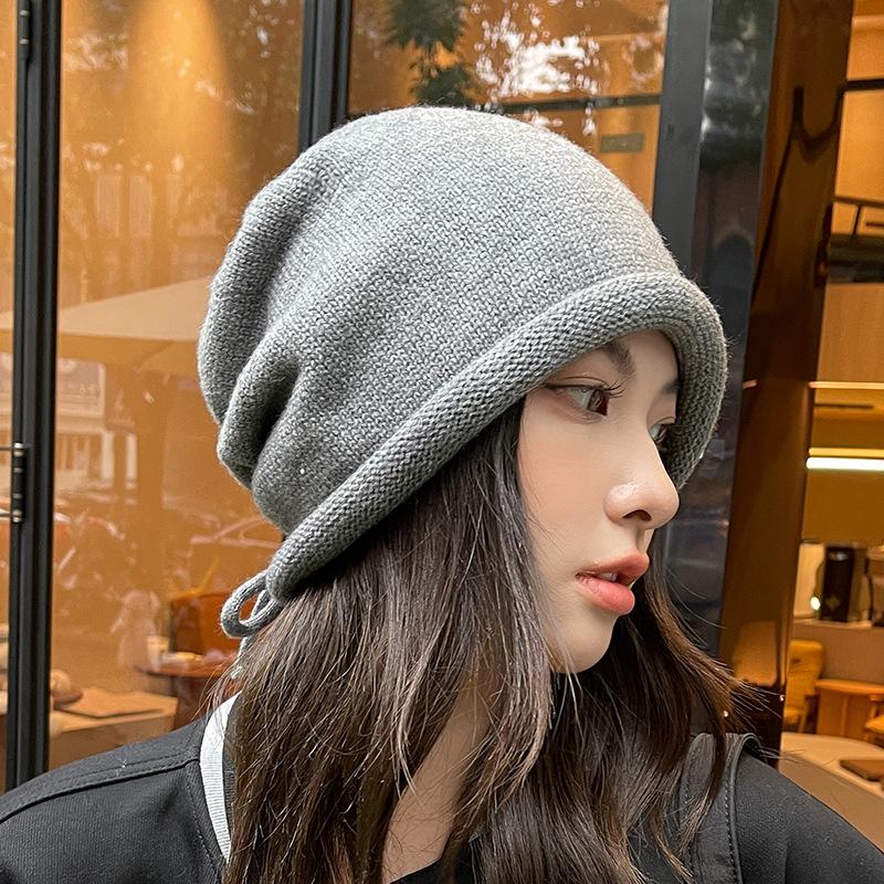 Pullover Hat Girls Drawstring Curling Lazy Wind Stacking Hat Baotou Hat Men's Solid Color Knitted Hat