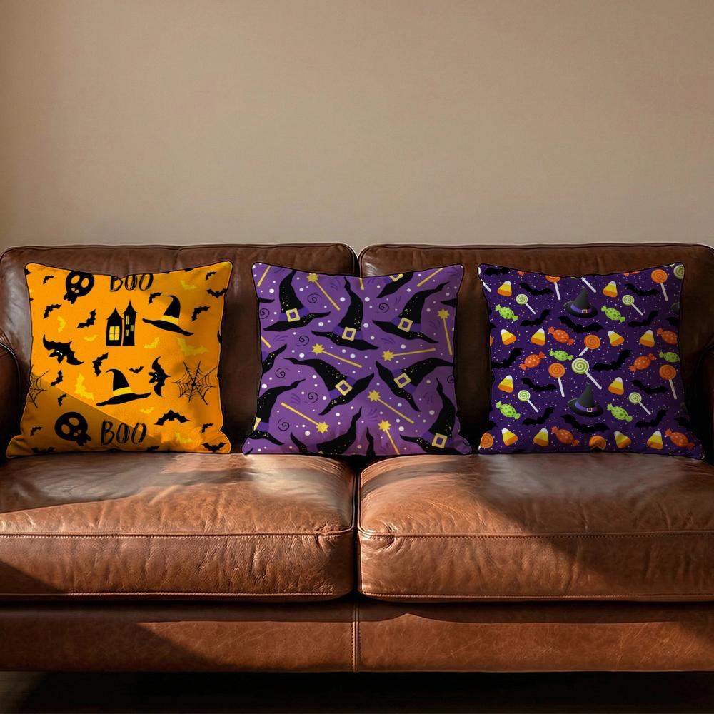 Halloween witch hat skull Cushion Cover Soft Reversible Durable Pillow Cover MultiScene Use for Home Car Daily Comfort