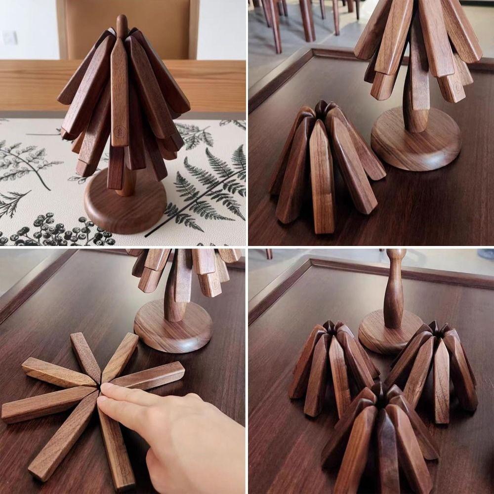 Foldable Wooden Trivet for Hot Dishes Non-Slip Placemats Ornaments Walnut Tree Table Mat Set Pot