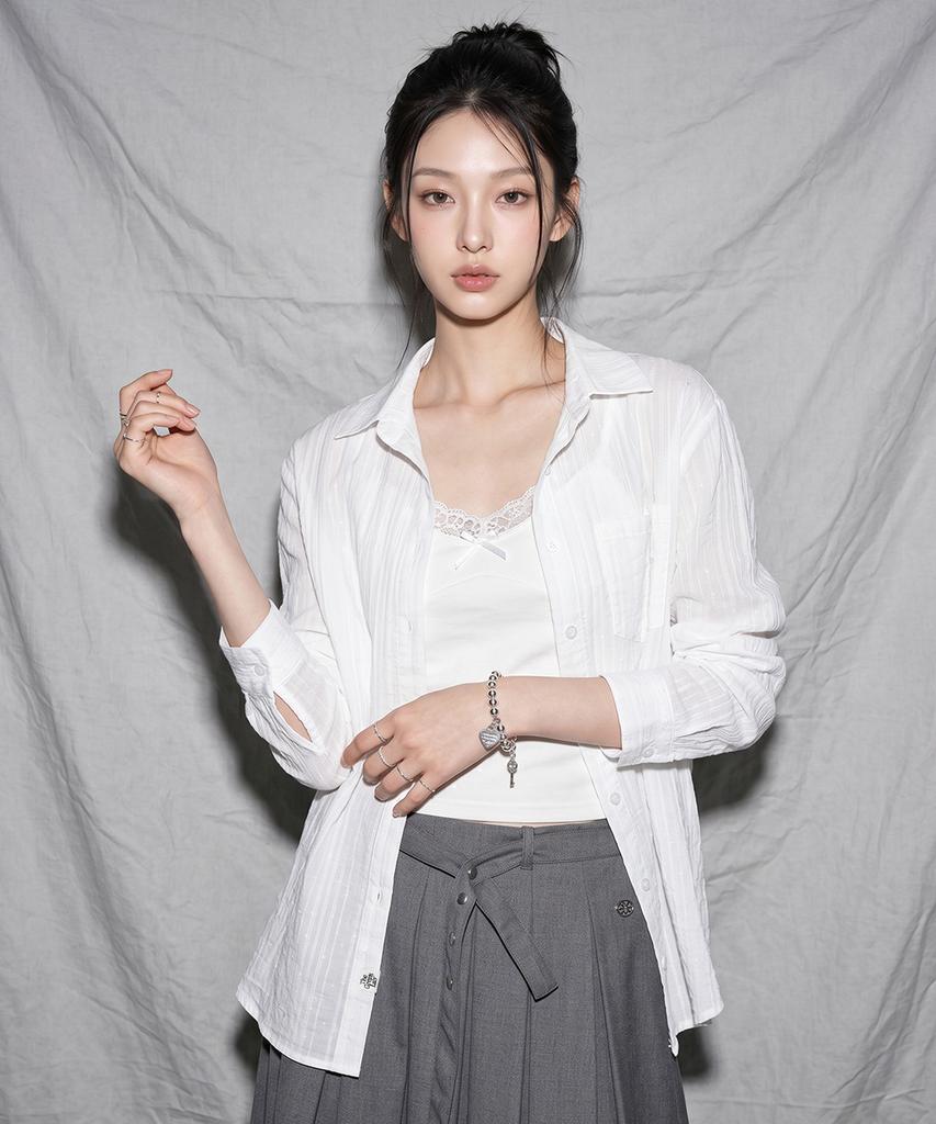 THE GREEN LAB Dot Loose Fit Shirt Top Set [White]