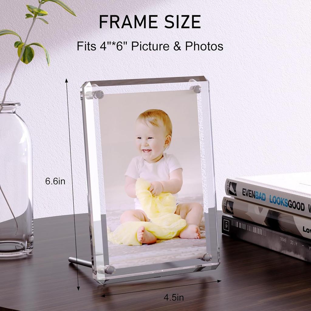 Acrylic Picture Frame 4x6, 2 Pack of Clear Magnetic Picture Frame with Diamond-Edge Design for Portrait or Landscape Display-Modern Frameless Lucite