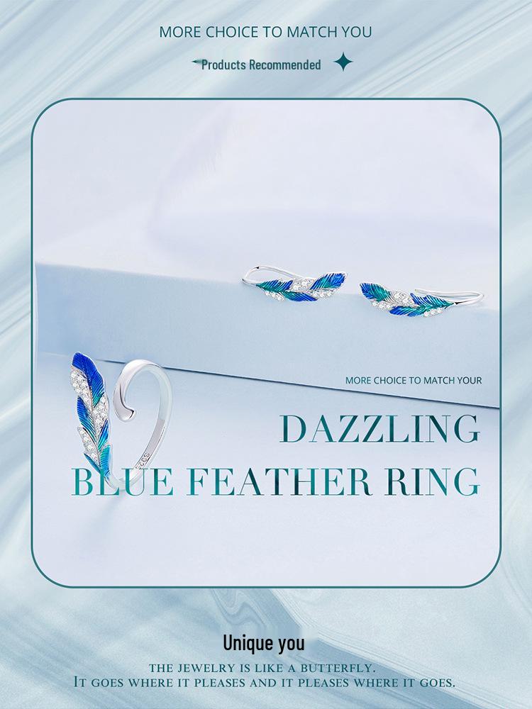 Yin Ziyun Schillerndes Blaues Feder-Ohrring- & Ring-Set: Exotischer ethnischer Stil, S925 Sterlingsilber.