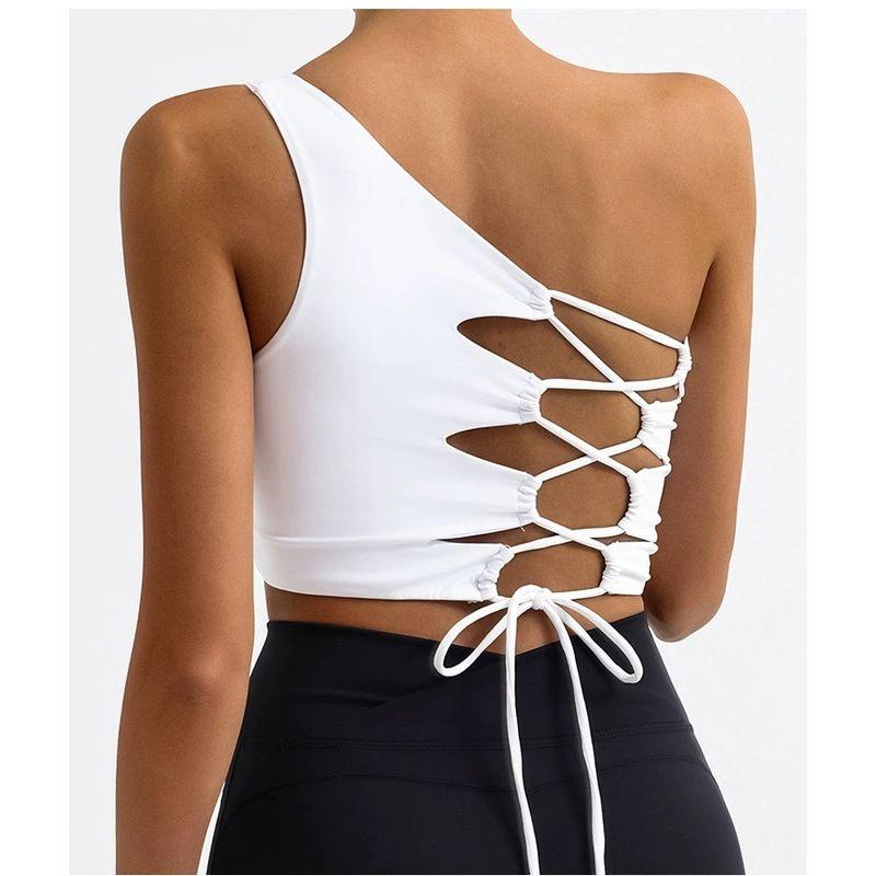Fashion Export Cross-Border Yoga Vest Asymmetrical One-Shoulder Beauty Back Shoelace Nude Feel with Chest Pad Sports Fitness Top