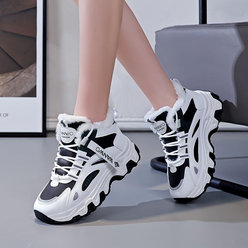 Women High Top Plush Inner Winter Athletic Sneakers Lace-up Thick Soled Fashion Platform Sneakers Non-slip Versatile Snow Shoe