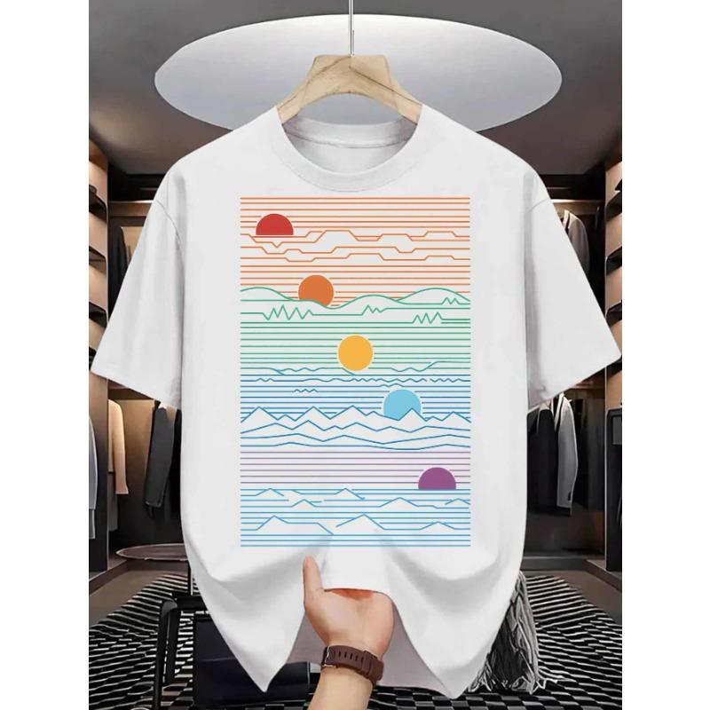 European sizes Sunset Landscape Men s Cotton TShirt Colorful Horizon Mountain Print Pattern Pure Cotton Premium Print Durable Casual Fashion S белый