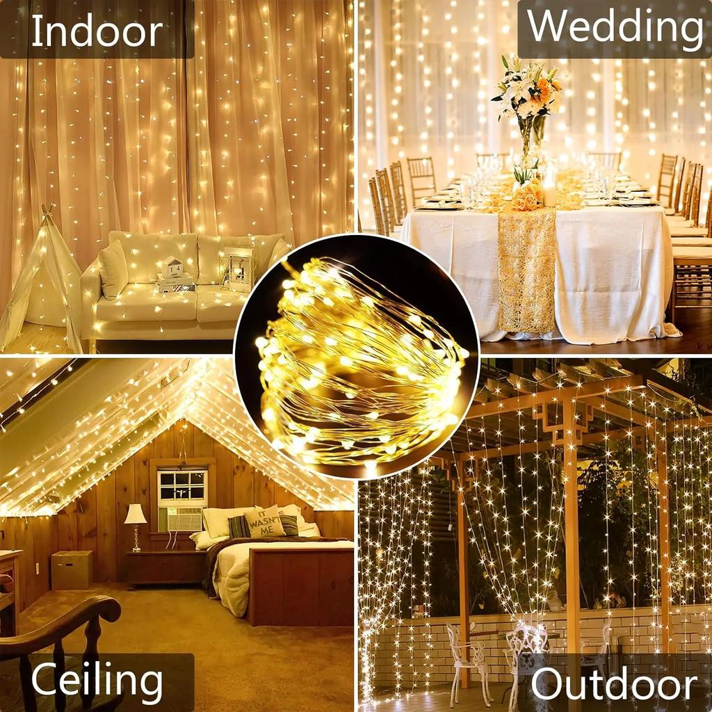 Solar Curtain String Lights Outdoor Waterproof 8 Lighting Modes Curtain Fairy Lights For Wedding Party Decoration