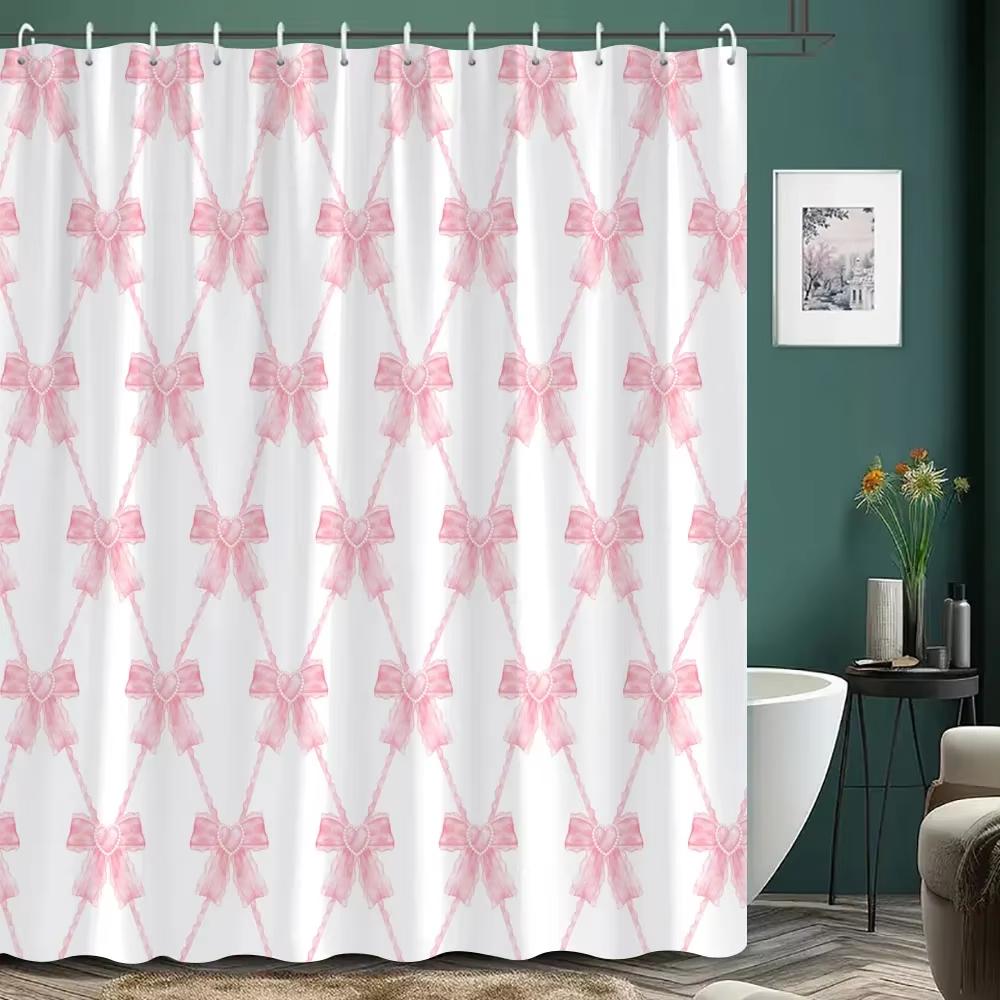 Modern Girl Pink Bow Pattern Shower Curtain, Bathroom Curtain,Printed Polyester Home Decorative Curtain With Hooks