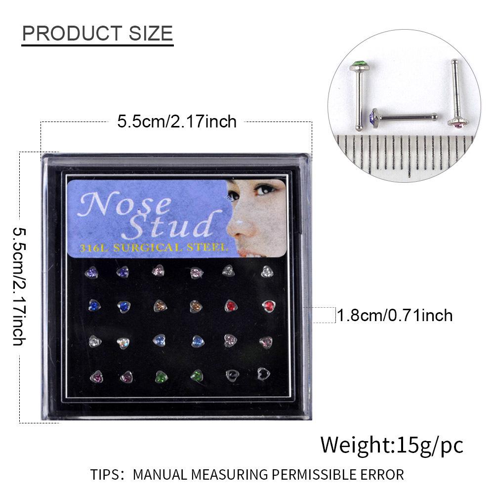 24-Piece Rhinestone Stainless Steel Heart Nose Studs - Titanium Steel Jewelry