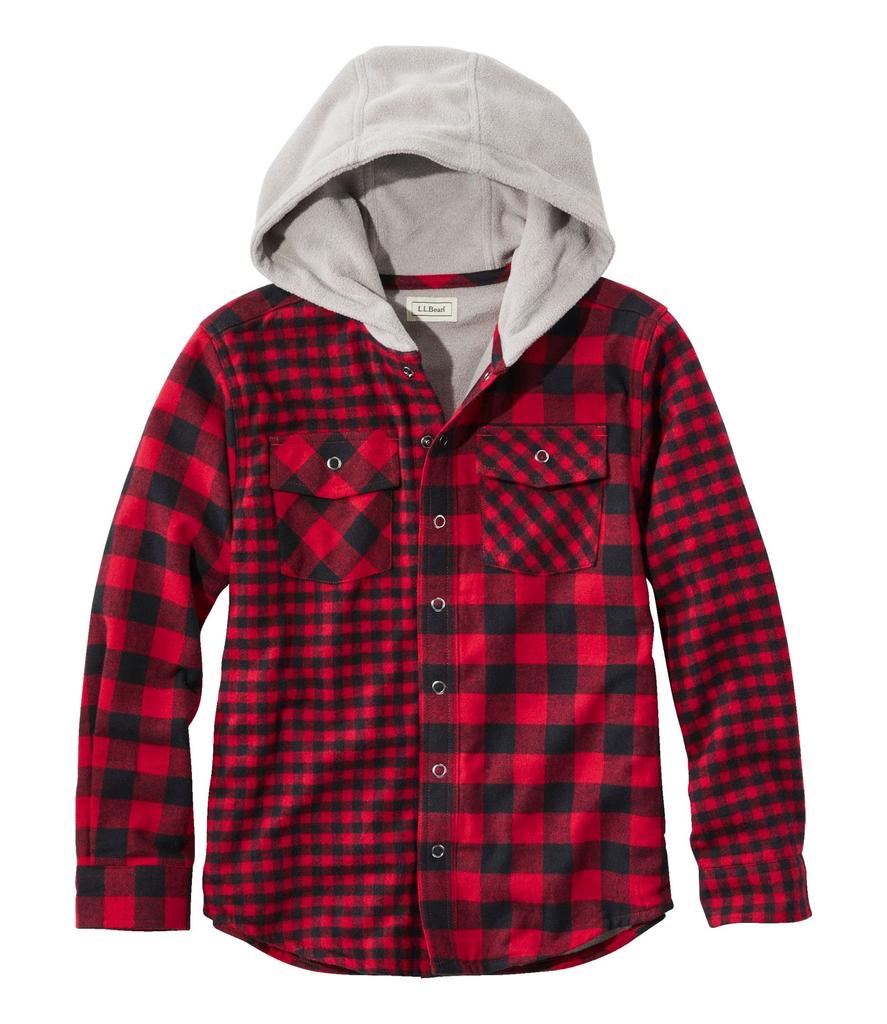 LL Bean Flannel Big Size Deep 1000144173 Kids' Fleece-Lined Shirt/Hoodie, Plaid, Kids, 8, Red,
