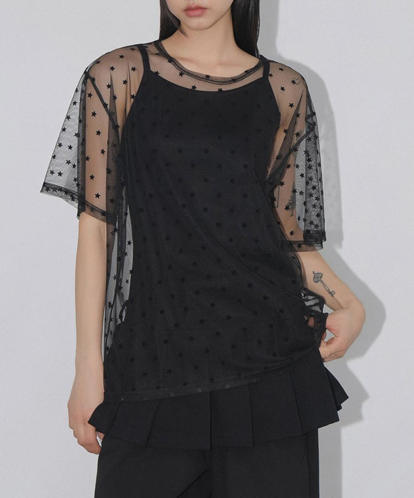 CHICKS Star Mesh Oversized Short Sleeve Tee Black