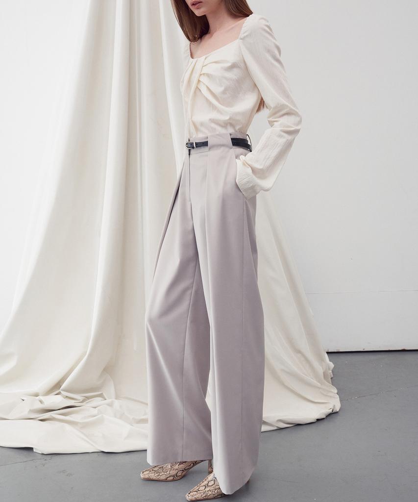 RE RHEE Belt Waist Detail Wide Leg Trousers Beige