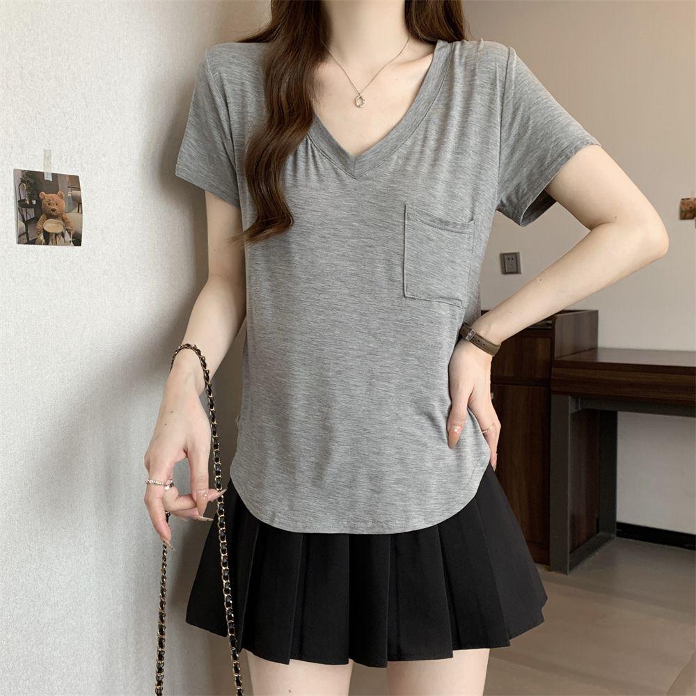 

Chic Sweet & Spicy Pocket Design V-Neck Women s Slim-Fit Short-Sleeved Korean Style Spring T-Shirt L серый