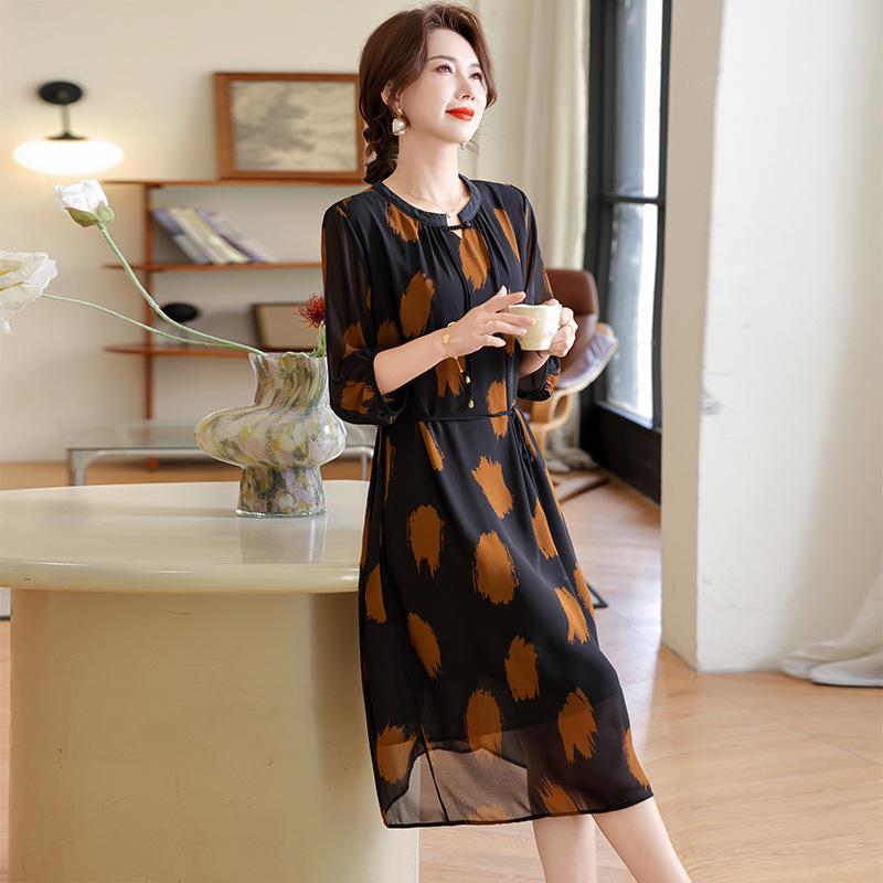 Summer Women's Short-Sleeved Chiffon Midi Dress with Meat-Print Design