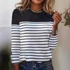 2025 Women's Long-sleeved T-shirt Striped Two-color Printed Spliced O-neck Fashion Top Basic Casual Tees