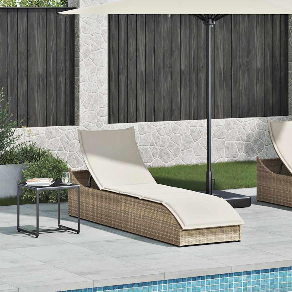 Folding Sun Lounger with Cushion and Storage Space Beige Poly Rattan