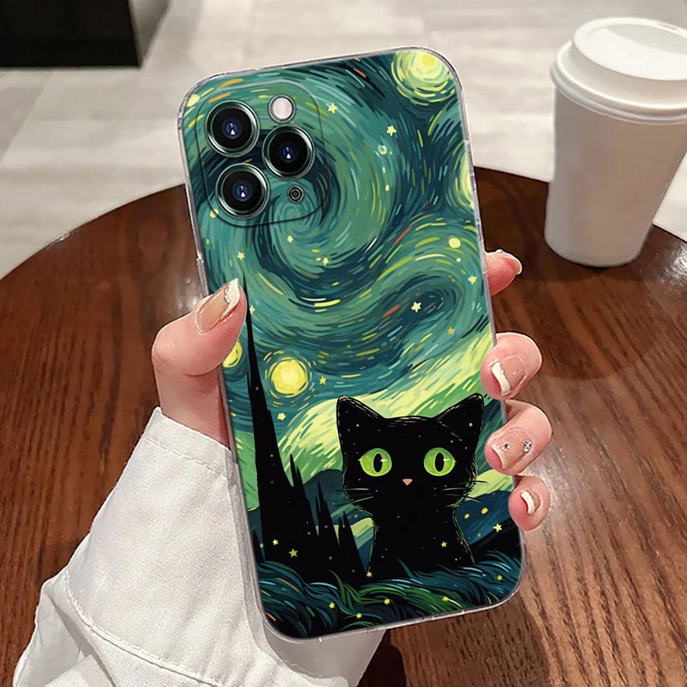 Retro Oil Painting Starry Sky Cat Case For Apple iPhone 17 16 15 14 13 12 11 Pro Max 16 Plus 16E 17Air 17Pro Phone Cover Funda
