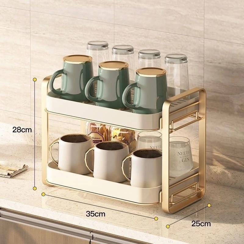 2-Tier Standing Cup Holder & Drying Rack-Multifunctional Wine/Tea/Coffee Cup Storage with Drip Tray Practical Kitchen Organizer