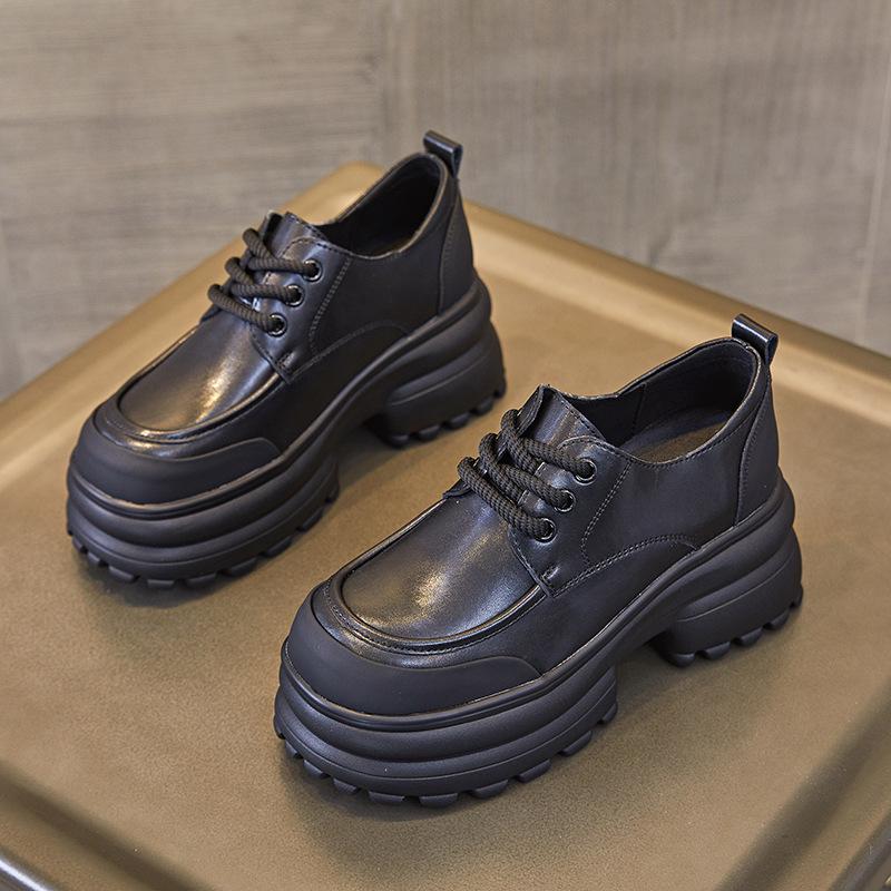 Leather loafers women's 2025 spring platform high heel height increase 8CM small leather shoes lace-up single shoes color matching design