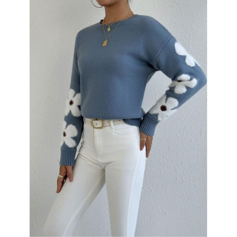 Women Autumn Winter Elegant Temperament Knitted Sweater Flower Jacquard Pullovers Tops