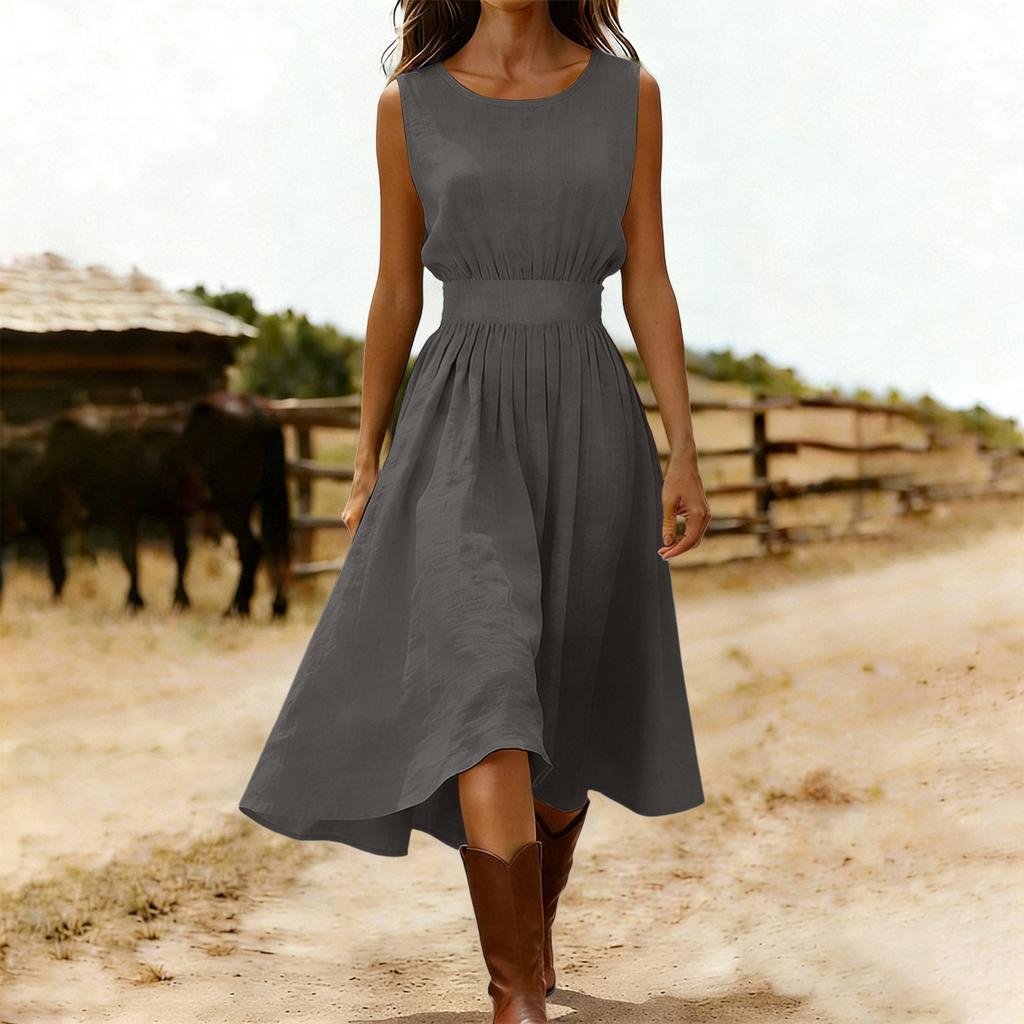 Sleeveless Midi Dress for Women Crew Neck Casual Fit and Flare Solid A Line Dress with Elastic Waist for Daily Wear