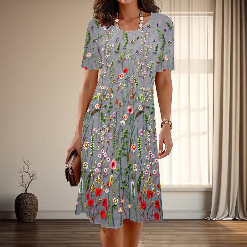 

Женская мода изящный цветочный узор принт лето весна короткий рукав О-образный вырез повседневные платья L серый
