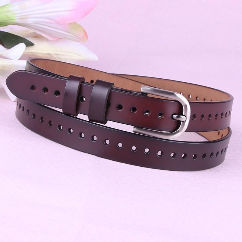 Womens Genuine Leather Belt With Hollow Cut Design Slim Width Buckle Casual Chic Waistband Jeans Office Wear