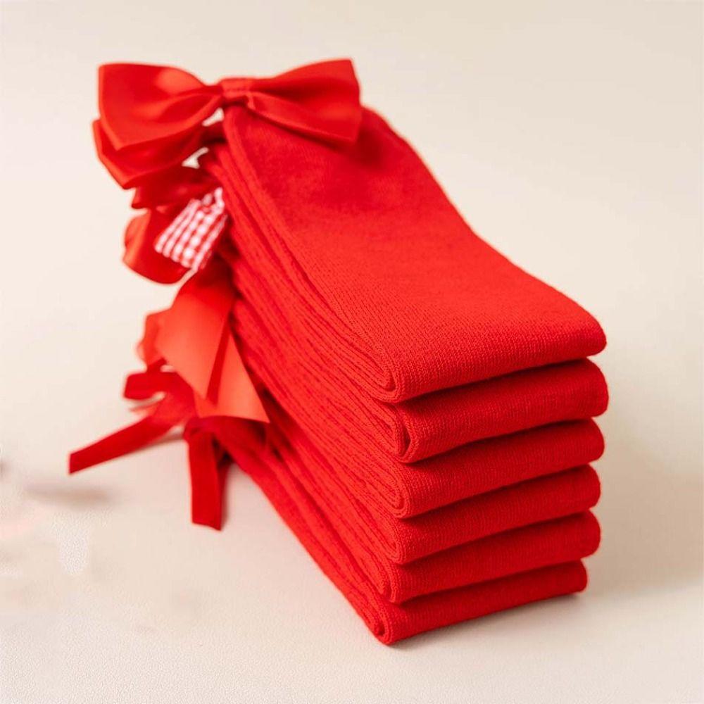 MidTube Bow Hosiery for Kids Cotton Children Long Socks Sleeping New Year Red Socks  Autumn