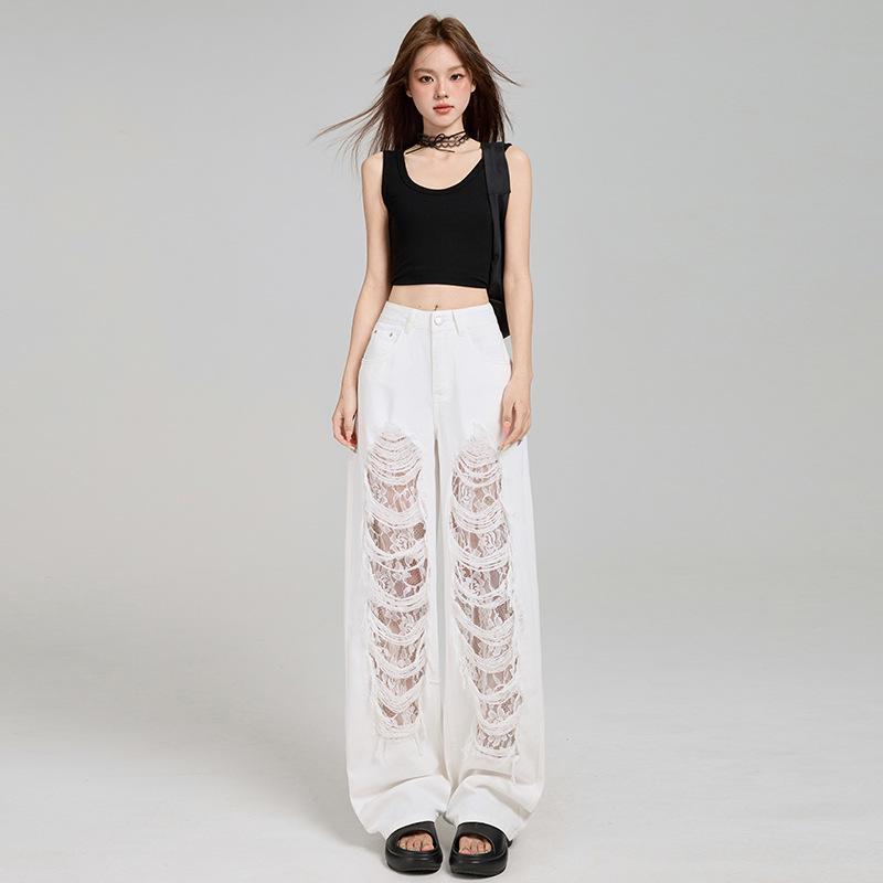 

Женские белые джинсы с высокой посадкой, рваные, с широкими штанинами - Осенний дизайн «острая девушка», свободные брюки длиной в пол S