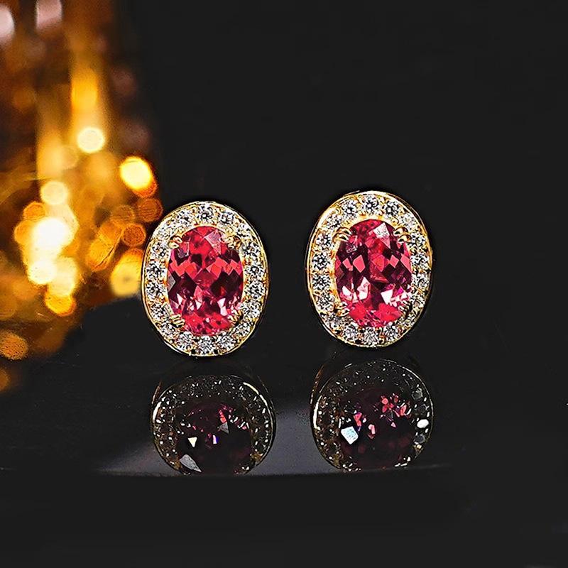 

European and American Light Luxury Sparkling Red Zircon Oval Earrings, New Trendy and Elegant French Minimalist Accessories