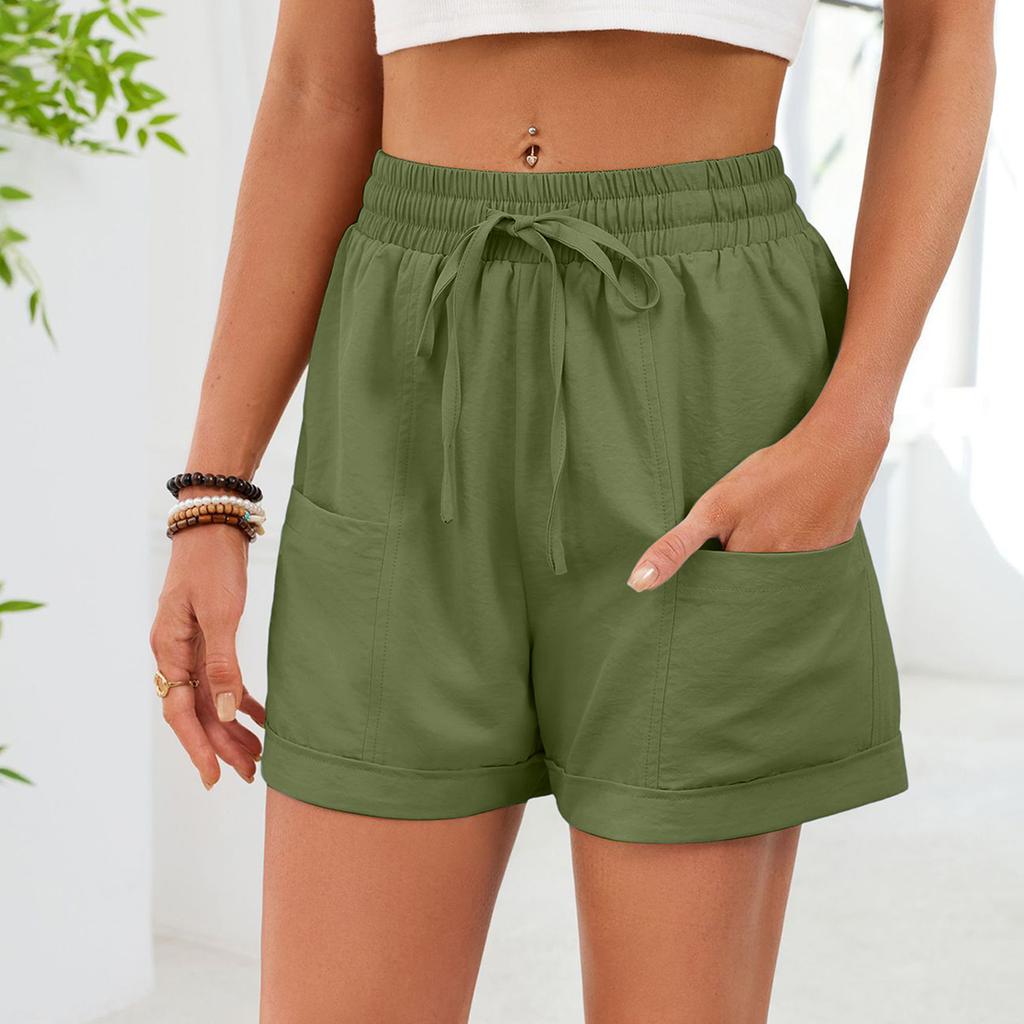 Women's Casual Fashion -Color Elastic Waistband Pocketed Wide-Leg Straight-Cut Shorts
