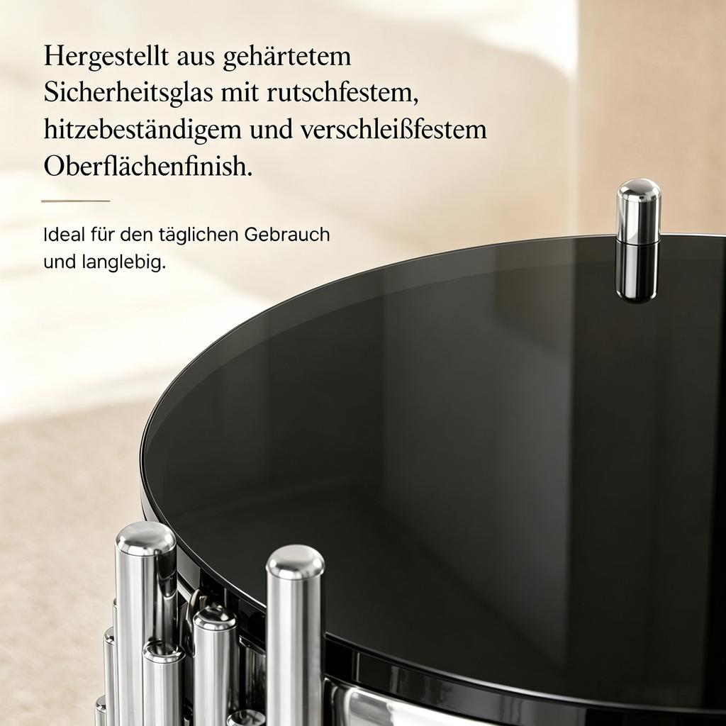 45cm Moderner Runder Glastisch für Wohnzimmer Schwarzer Beistelltisch mit Silbernem Edelstahlrahmen und 6mm Gehärtetem Glas Einfach zu Montieren und zu Reinigen