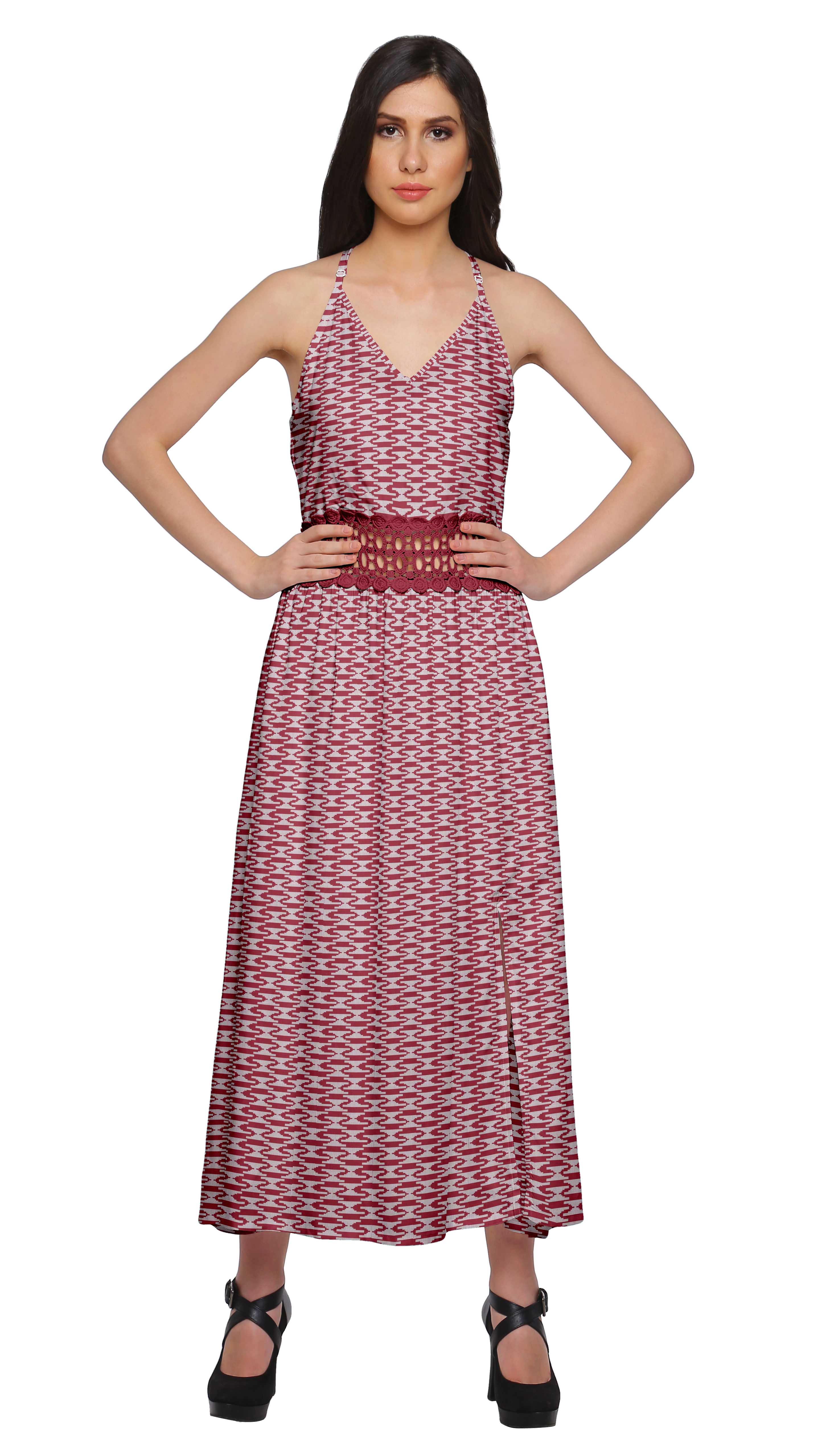 

Жіноча максі-сукня Moomaya без рукавів з обробленим мереживним ремінцем-спагетті XS червоний