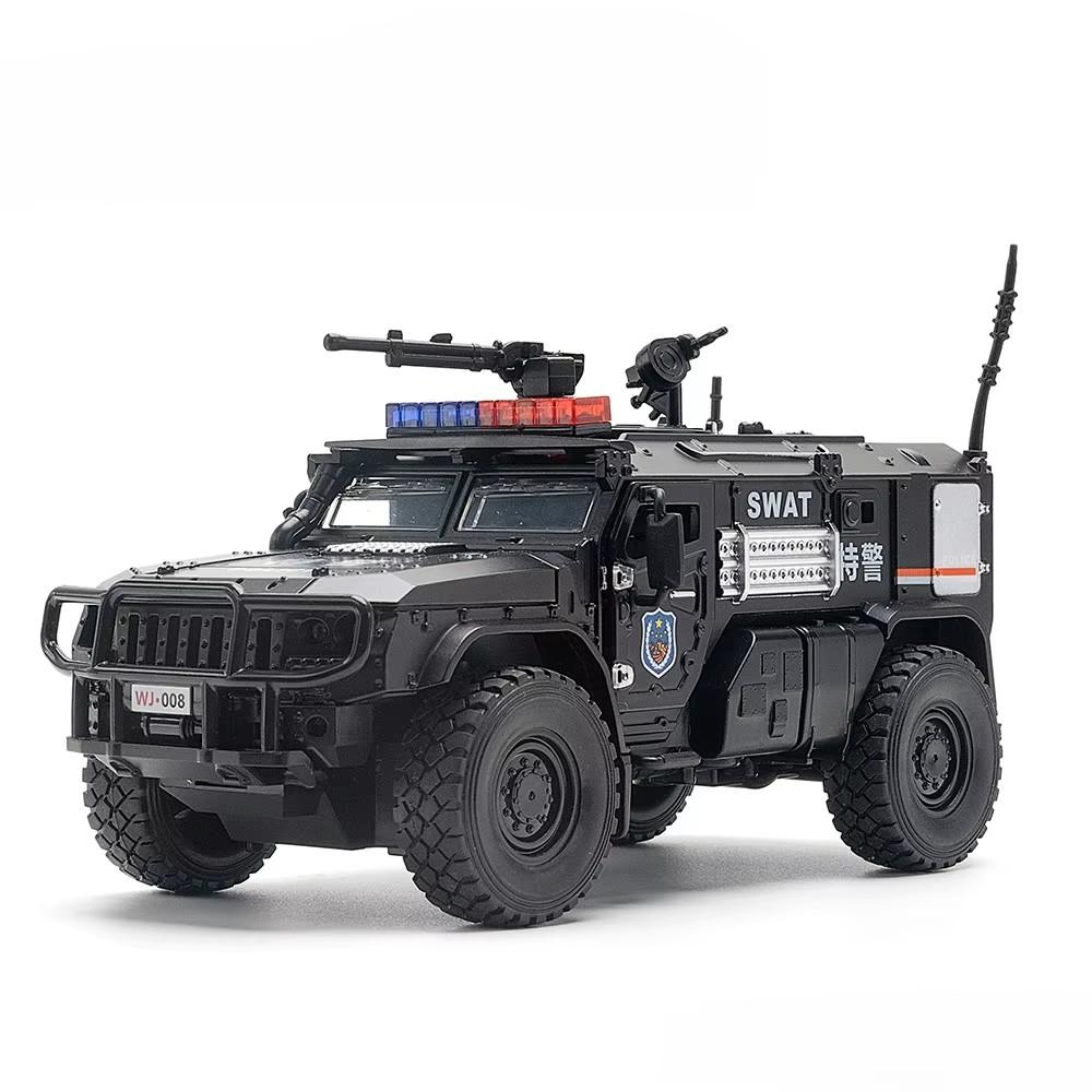1:32 Scale SWAT Armored Police Car Model Toy Metal Diecast Pull Back Shock Absorption Heavy Truck Toys Sound Light Gift for Kids